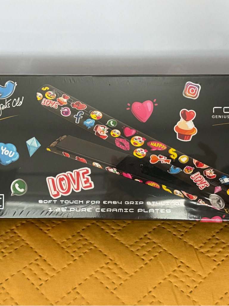 Emoji Print Ceramic Flat Iron Hair Straightener - Black With Multicolor Stickers